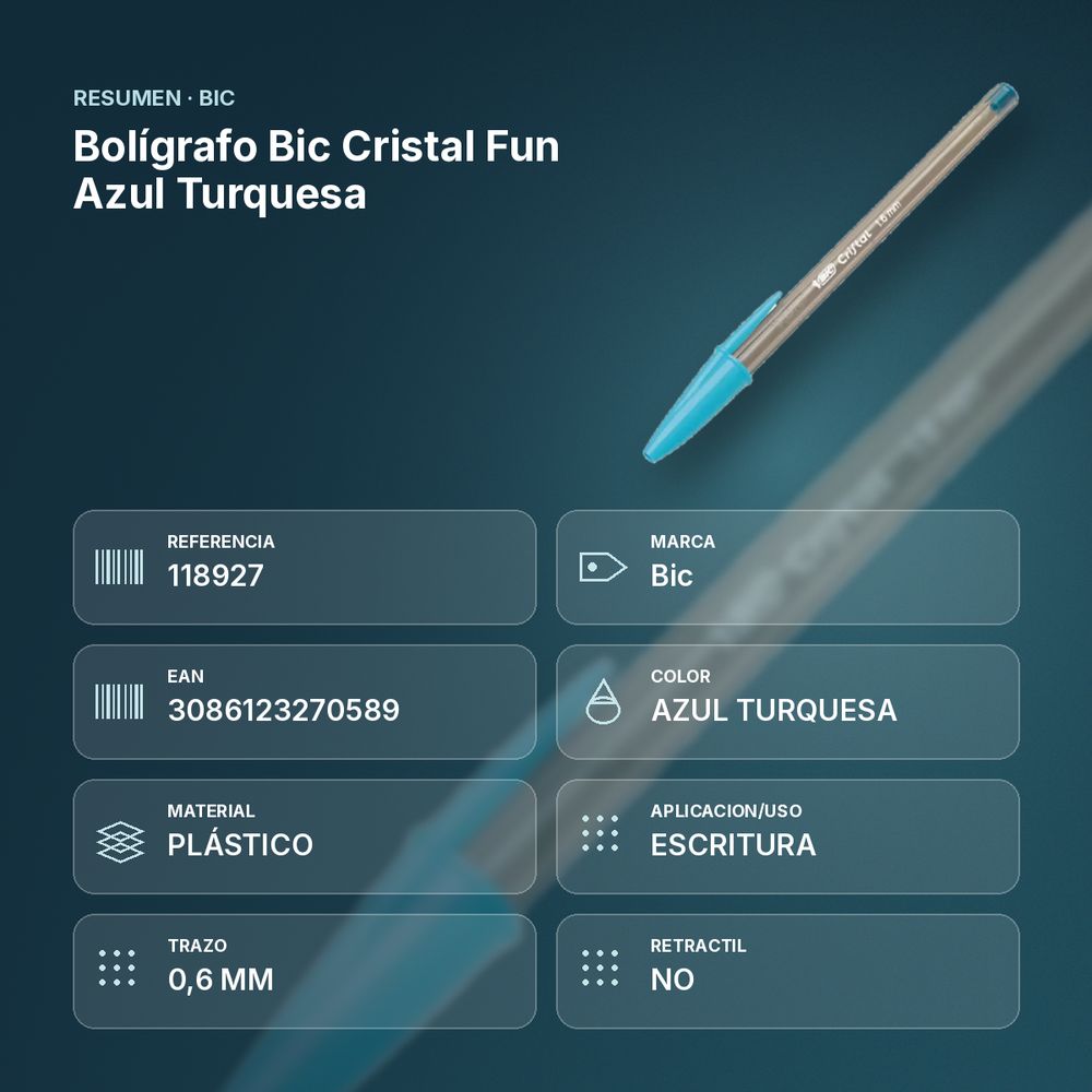 BOLÍGRAFO BIC CRISTAL FUN AZUL TURQUESA  - resumen de atributos
