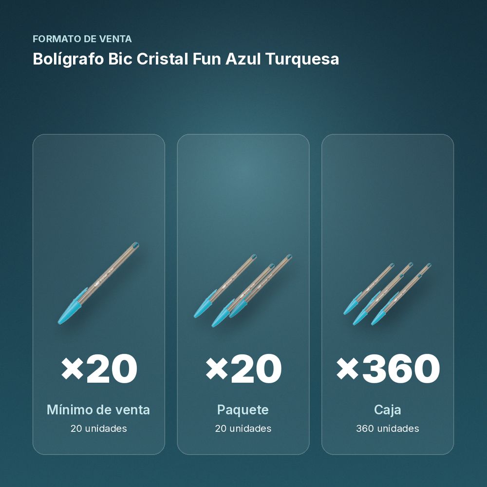 BOLÍGRAFO BIC CRISTAL FUN AZUL TURQUESA  - formato de venta: paquete de 20, caja de 360