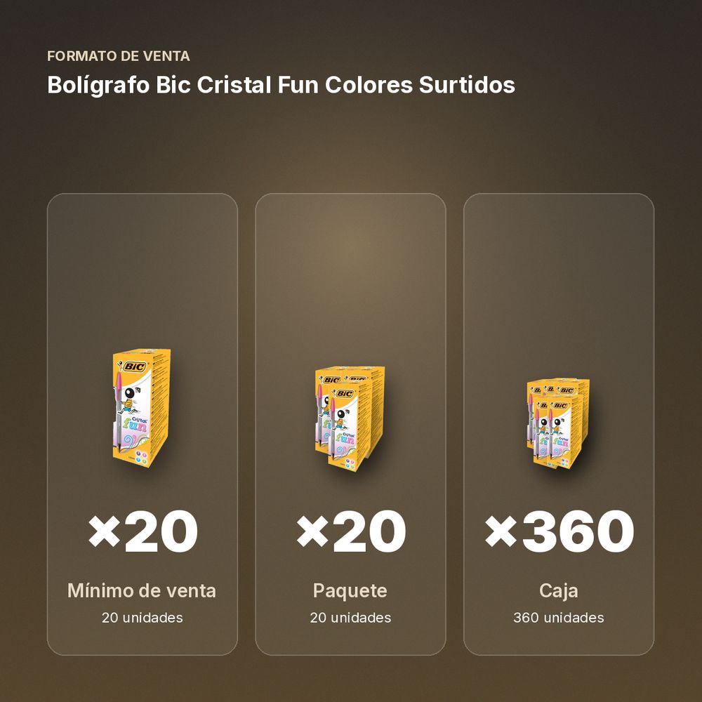 BOLÍGRAFO BIC CRISTAL FUN COLORES SURTIDOS  - formato de venta: paquete de 20, caja de 360