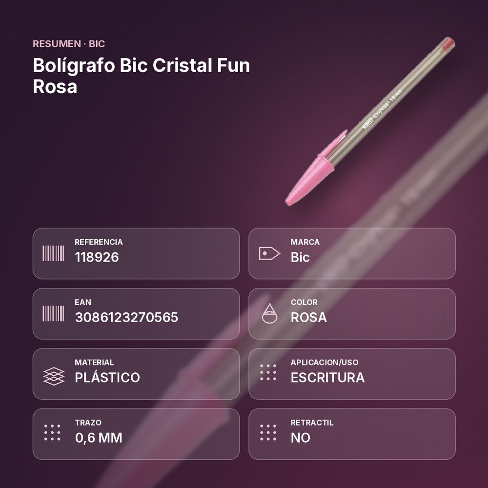 BOLÍGRAFO BIC CRISTAL FUN ROSA - resumen de atributos