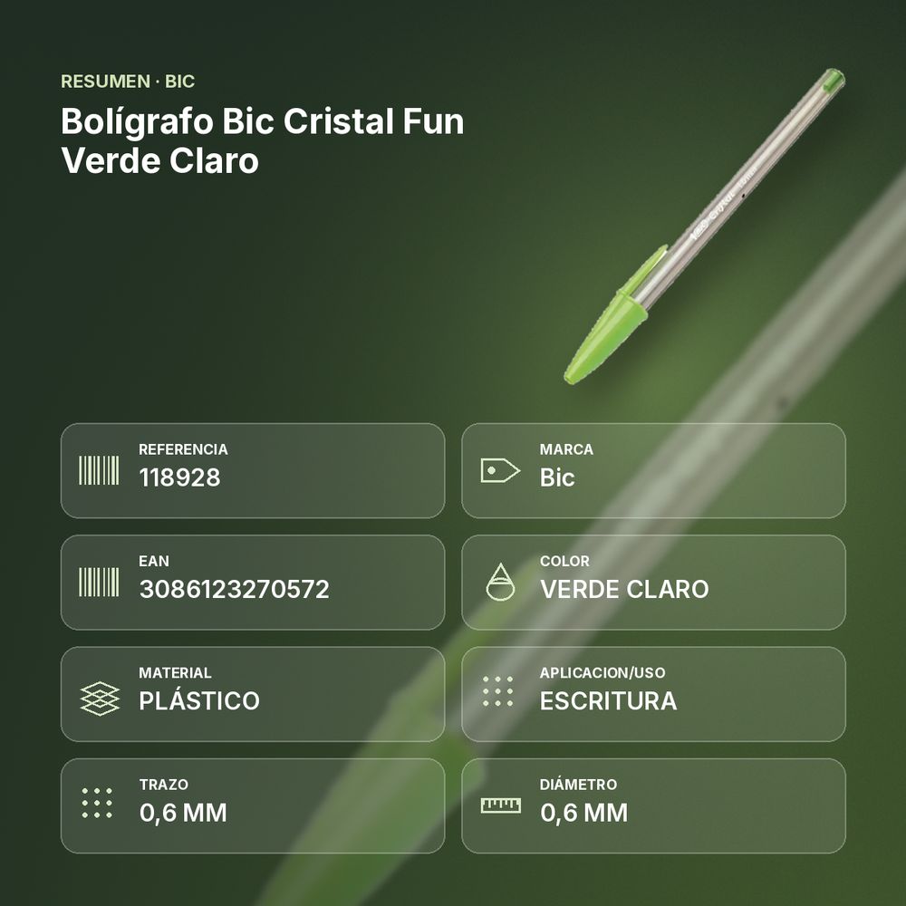 BOLÍGRAFO BIC CRISTAL FUN VERDE CLARO - resumen de atributos