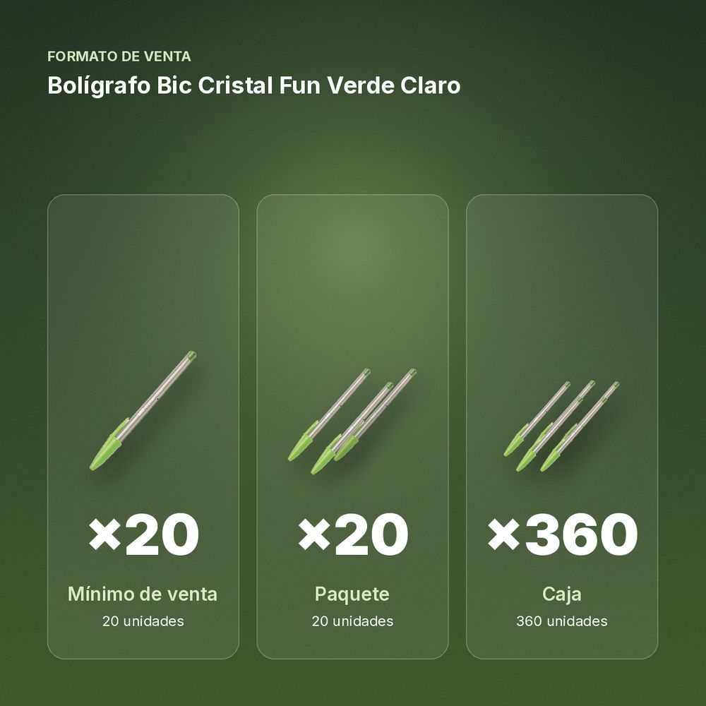 BOLÍGRAFO BIC CRISTAL FUN VERDE CLARO - formato de venta: paquete de 20, caja de 360
