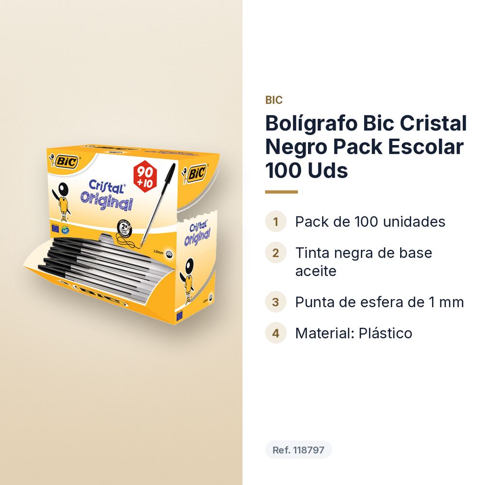 BOLÍGRAFO BIC CRISTAL NEGRO PACK ESCOLAR 100 UDS - características principales