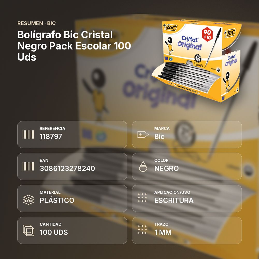 BOLÍGRAFO BIC CRISTAL NEGRO PACK ESCOLAR 100 UDS - resumen de atributos