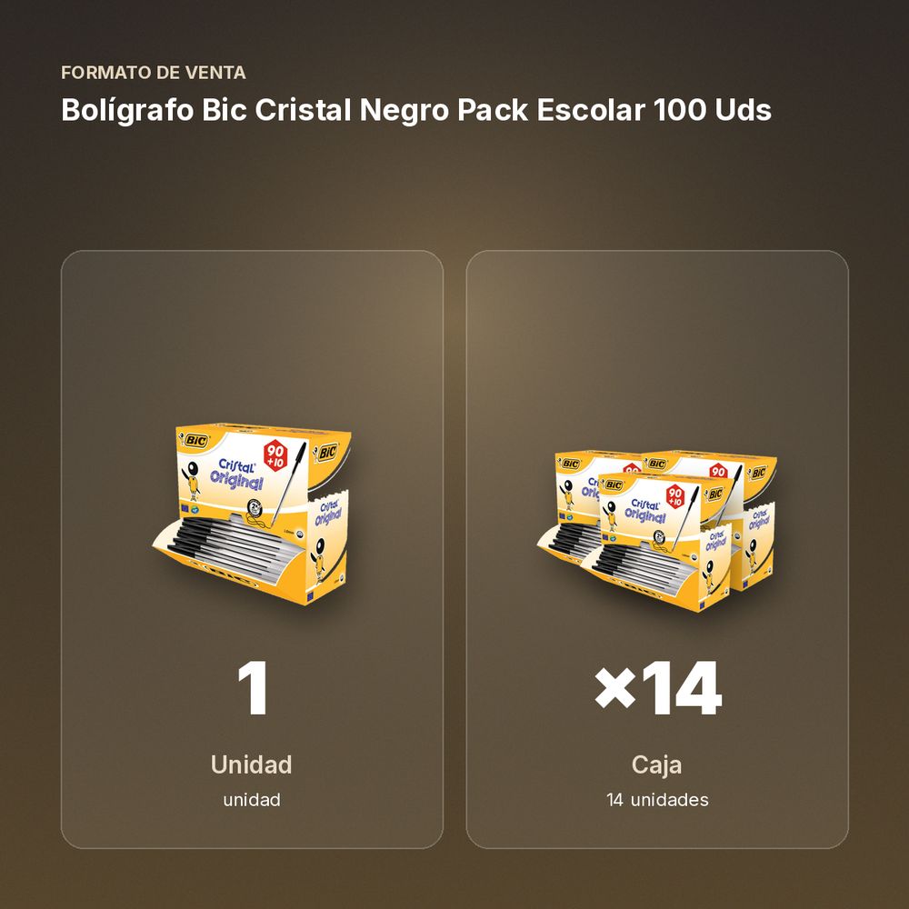 BOLÍGRAFO BIC CRISTAL NEGRO PACK ESCOLAR 100 UDS - formato de venta: caja de 14