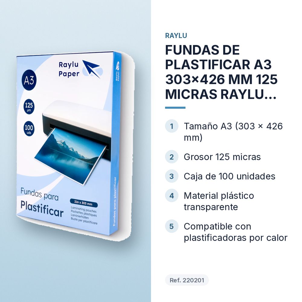 FUNDAS DE PLASTIFICAR A3 303x426 MM 125 MICRAS RAYLU CAJA 100 UDS - características principales