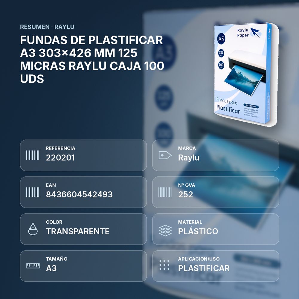 FUNDAS DE PLASTIFICAR A3 303x426 MM 125 MICRAS RAYLU CAJA 100 UDS - resumen de atributos