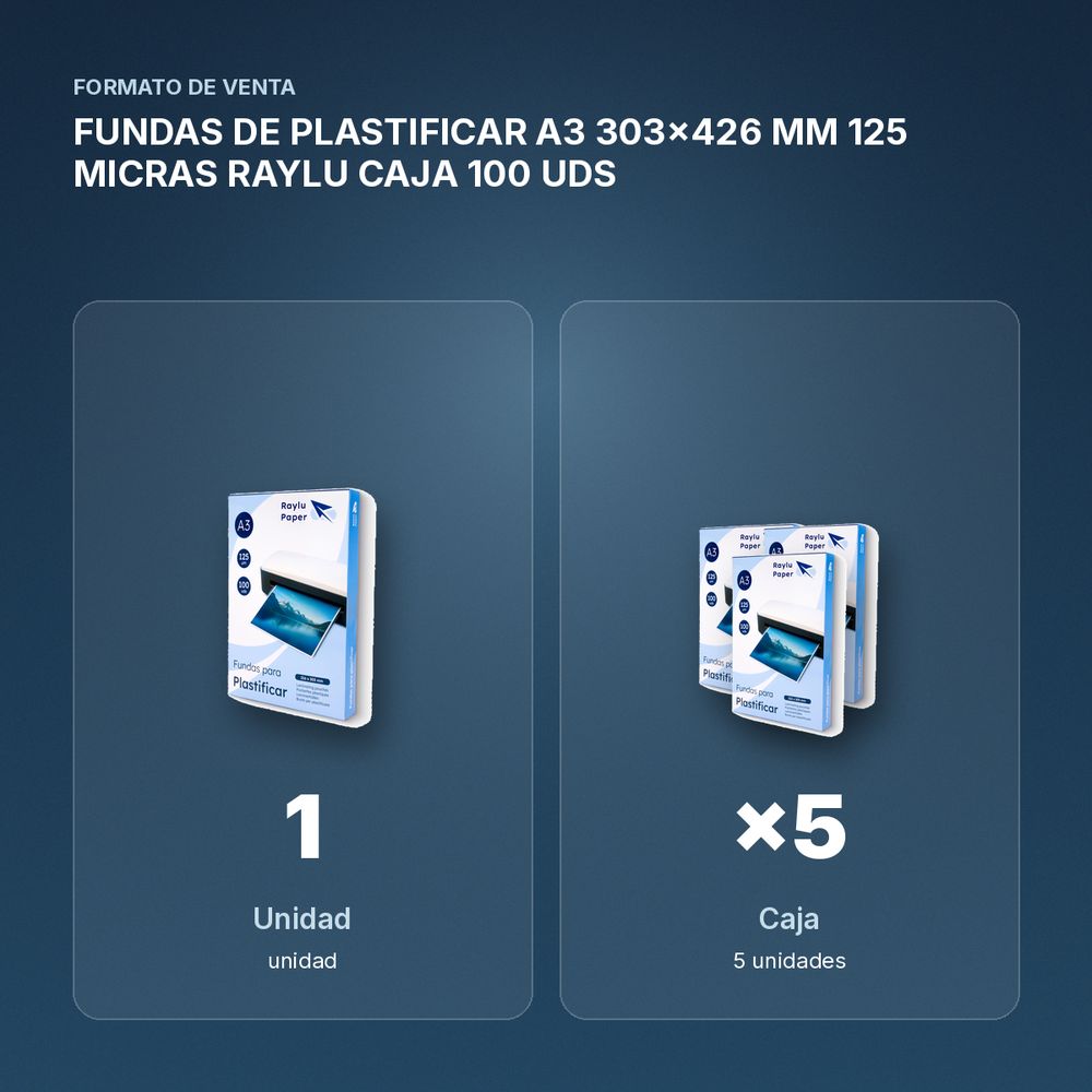 FUNDAS DE PLASTIFICAR A3 303x426 MM 125 MICRAS RAYLU CAJA 100 UDS - formato de venta: caja de 5