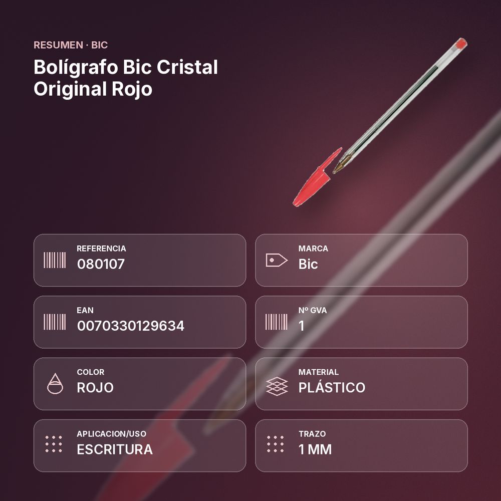 BOLÍGRAFO BIC CRISTAL ORIGINAL ROJO - resumen de atributos
