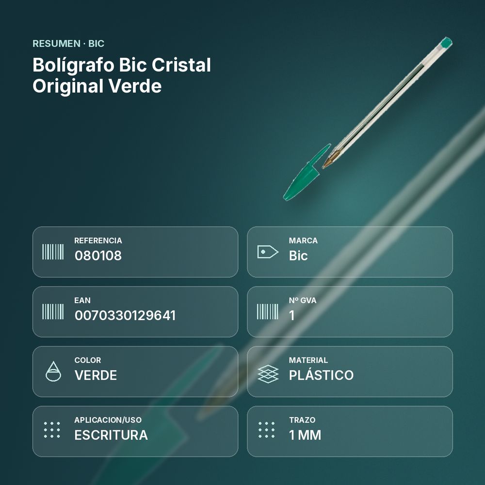 BOLÍGRAFO BIC CRISTAL ORIGINAL VERDE - resumen de atributos