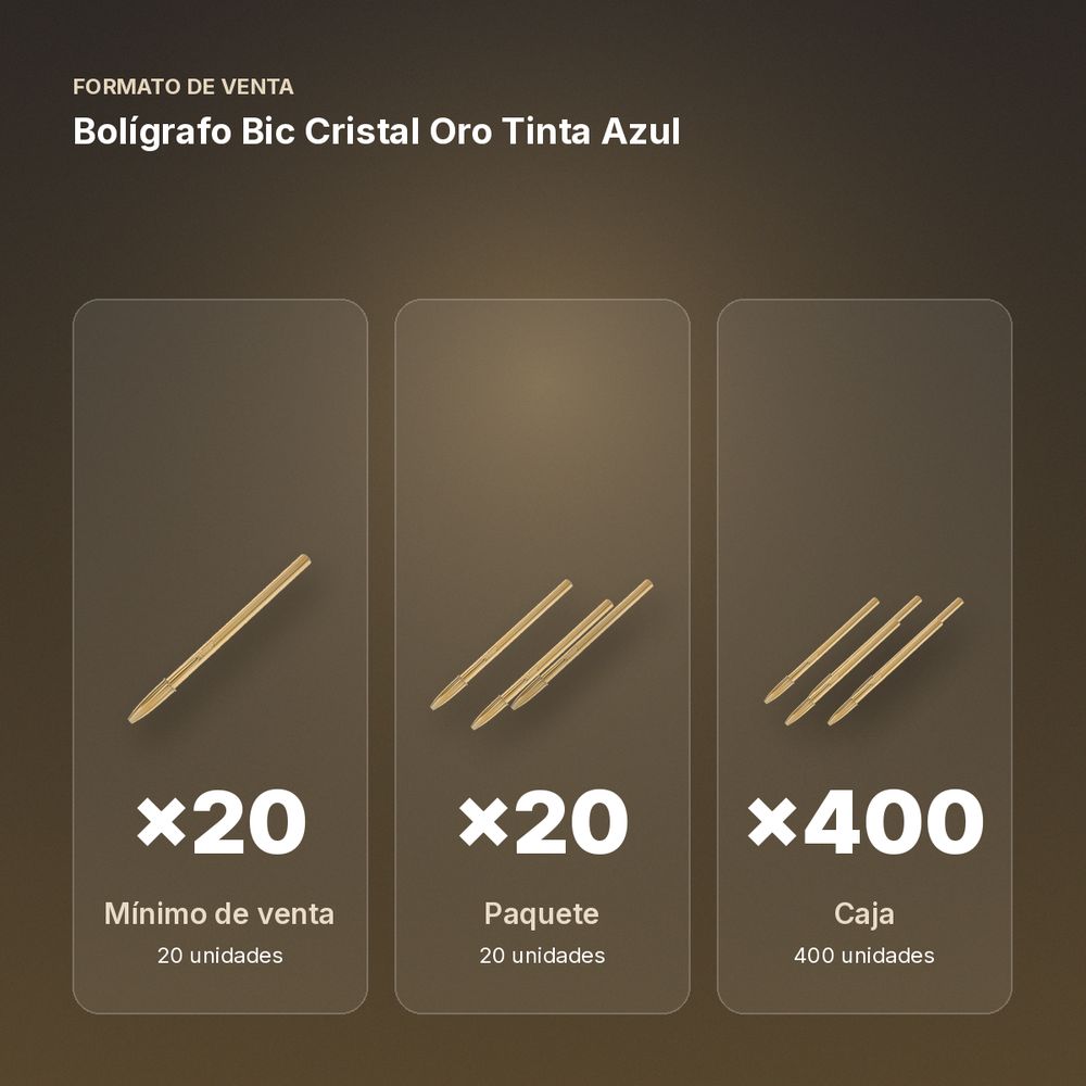 BOLÍGRAFO BIC CRISTAL ORO TINTA AZUL - formato de venta: paquete de 20, caja de 400