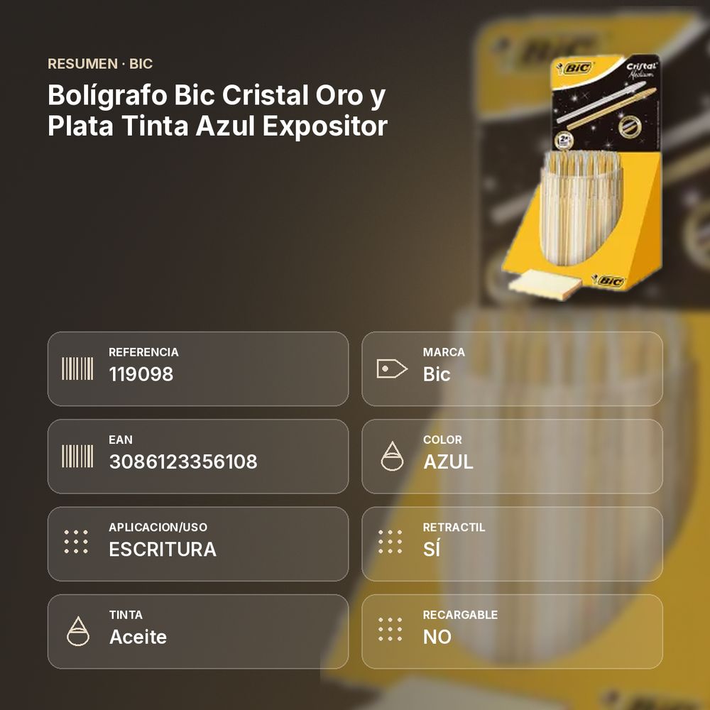 BOLÍGRAFO BIC CRISTAL ORO Y PLATA TINTA AZUL EXPOSITOR - resumen de atributos