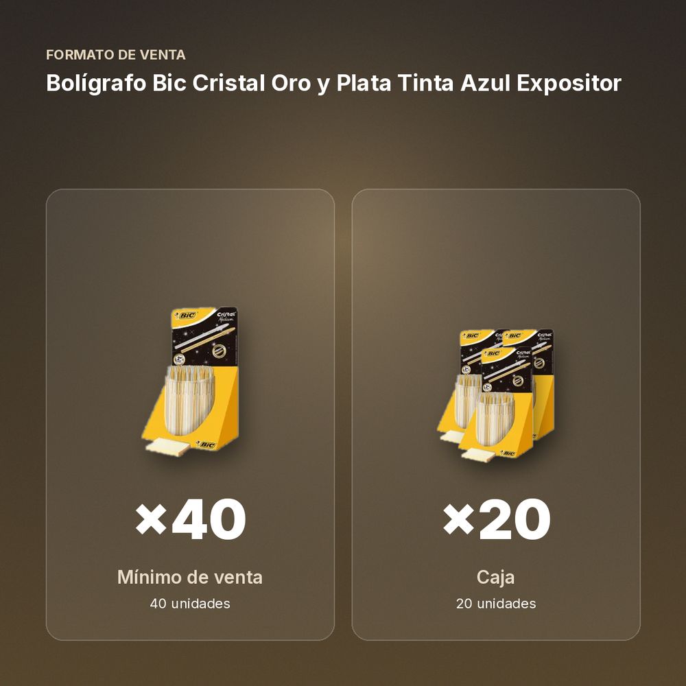 BOLÍGRAFO BIC CRISTAL ORO Y PLATA TINTA AZUL EXPOSITOR - formato de venta: caja de 20
