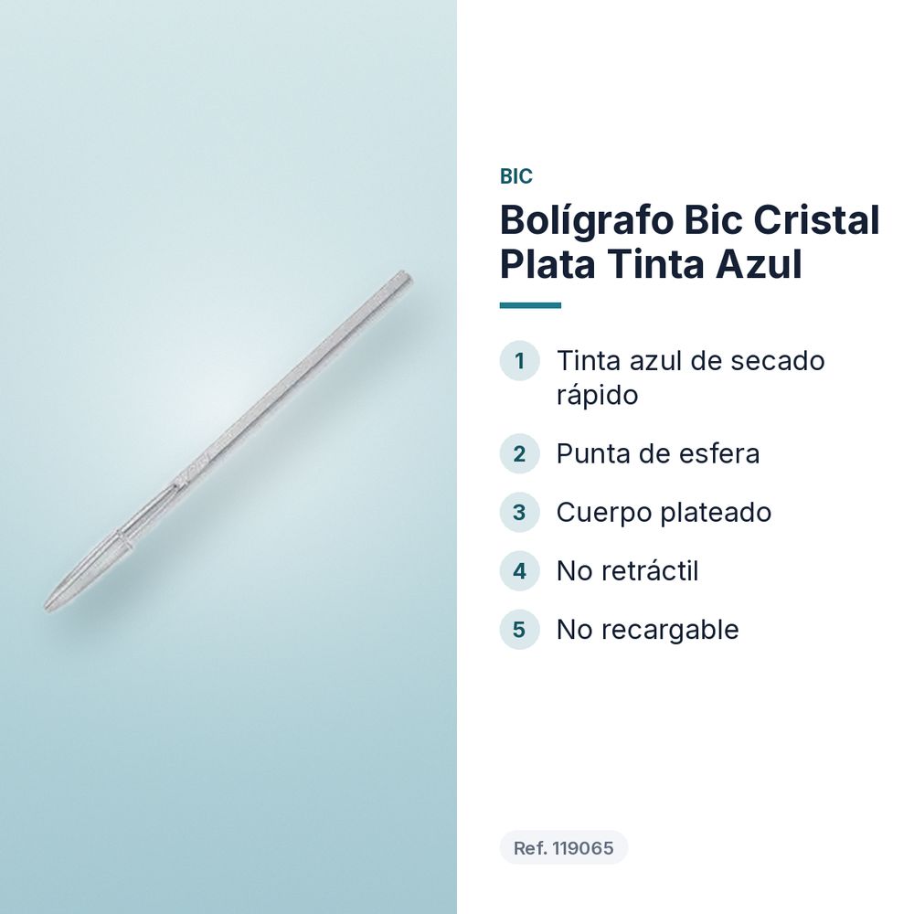 BOLÍGRAFO BIC CRISTAL PLATA TINTA AZUL - características principales