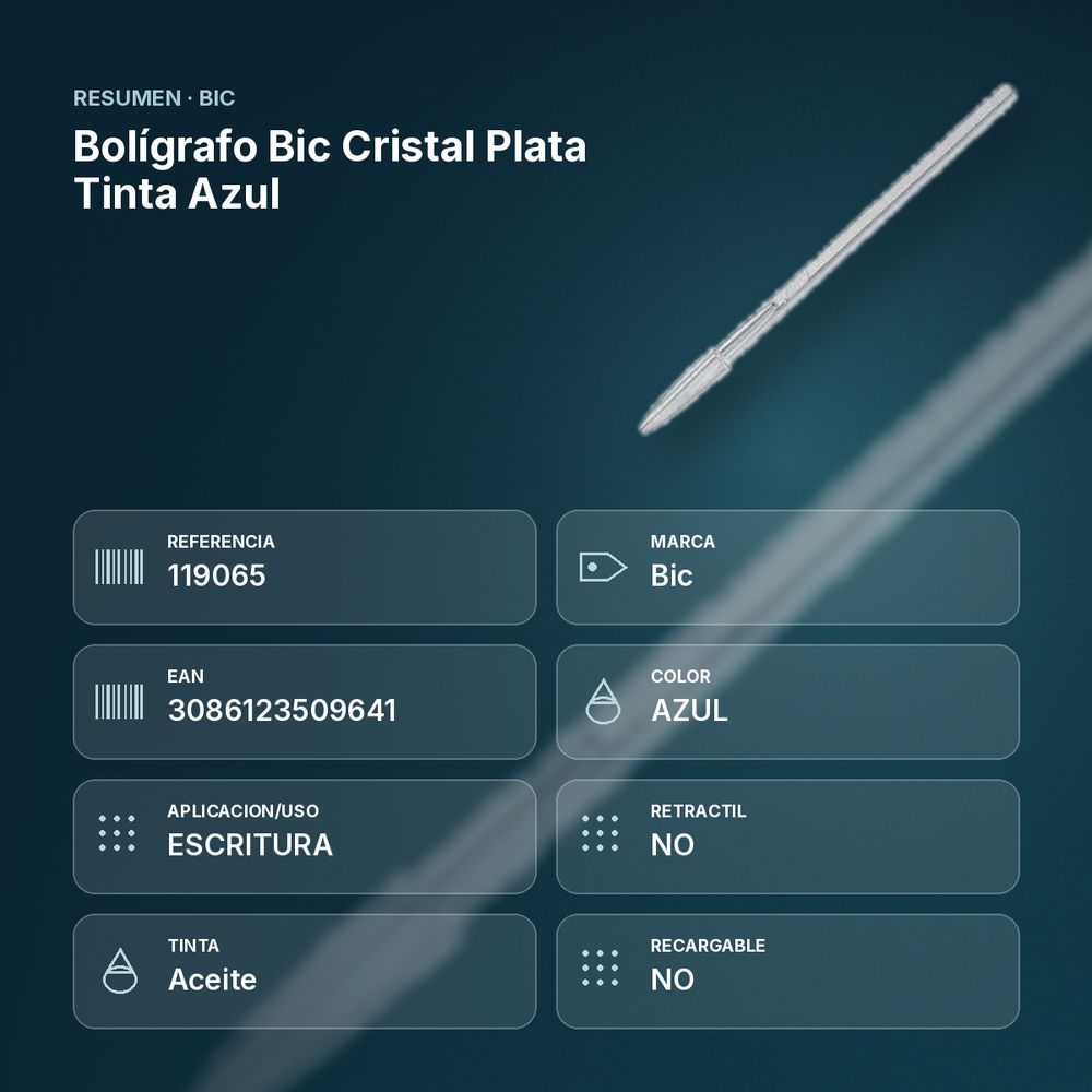 BOLÍGRAFO BIC CRISTAL PLATA TINTA AZUL - resumen de atributos