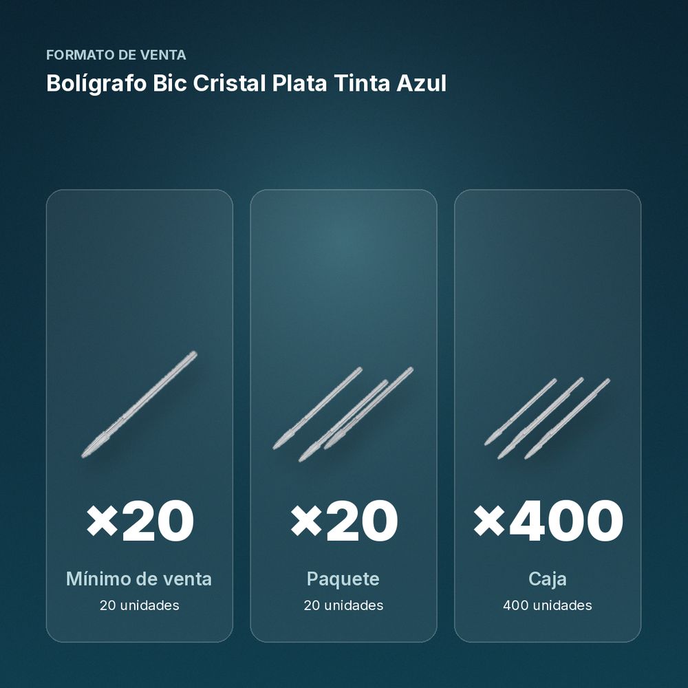 BOLÍGRAFO BIC CRISTAL PLATA TINTA AZUL - formato de venta: paquete de 20, caja de 400