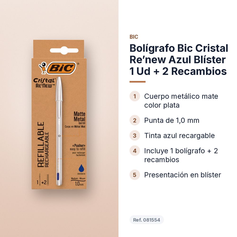 BOLÍGRAFO BIC CRISTAL RE’NEW AZUL BLÍSTER 1 UD + 2 RECAMBIOS - características principales
