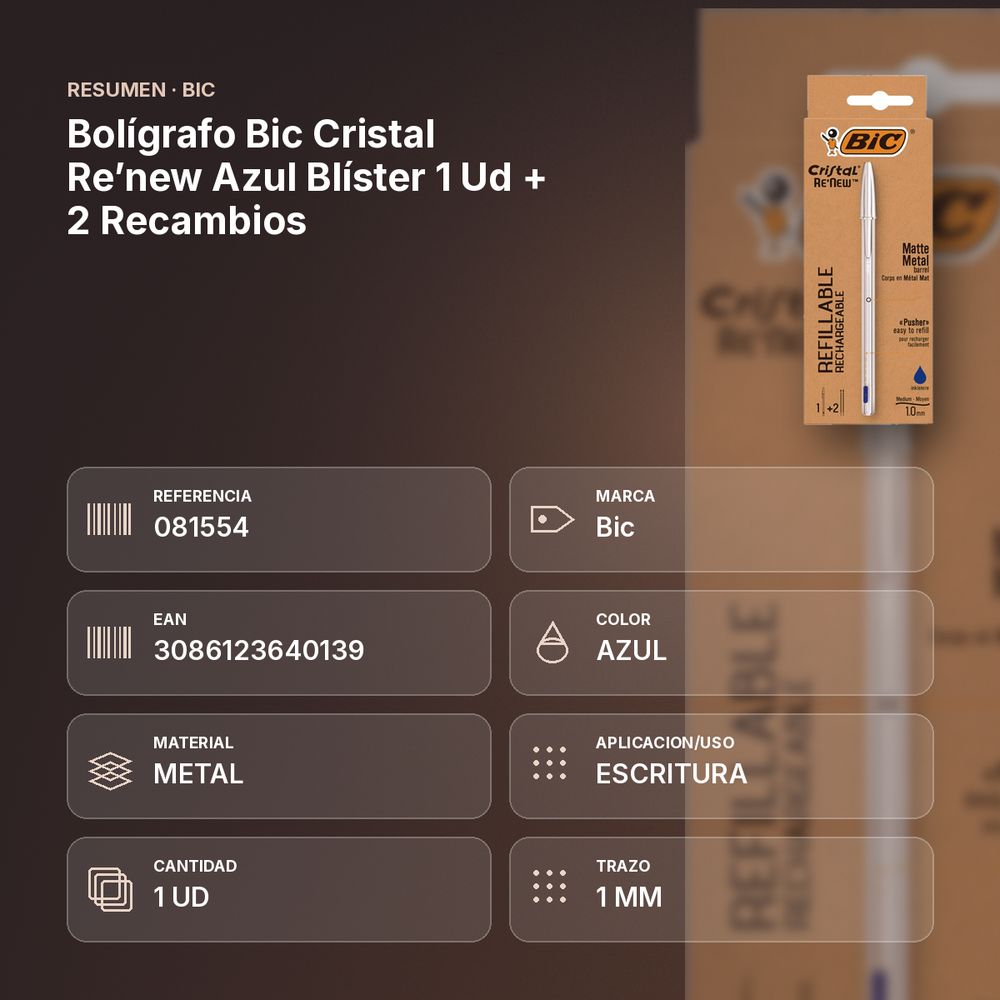 BOLÍGRAFO BIC CRISTAL RE’NEW AZUL BLÍSTER 1 UD + 2 RECAMBIOS - resumen de atributos