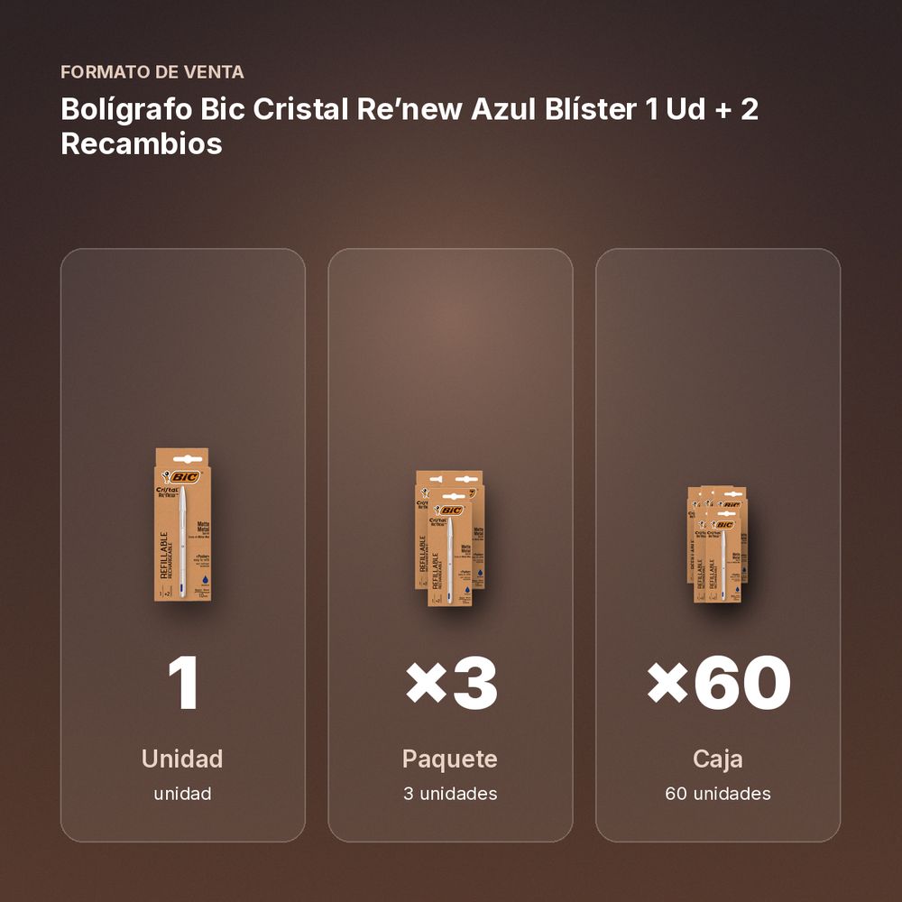 BOLÍGRAFO BIC CRISTAL RE’NEW AZUL BLÍSTER 1 UD + 2 RECAMBIOS - formato de venta: paquete de 3, caja de 60