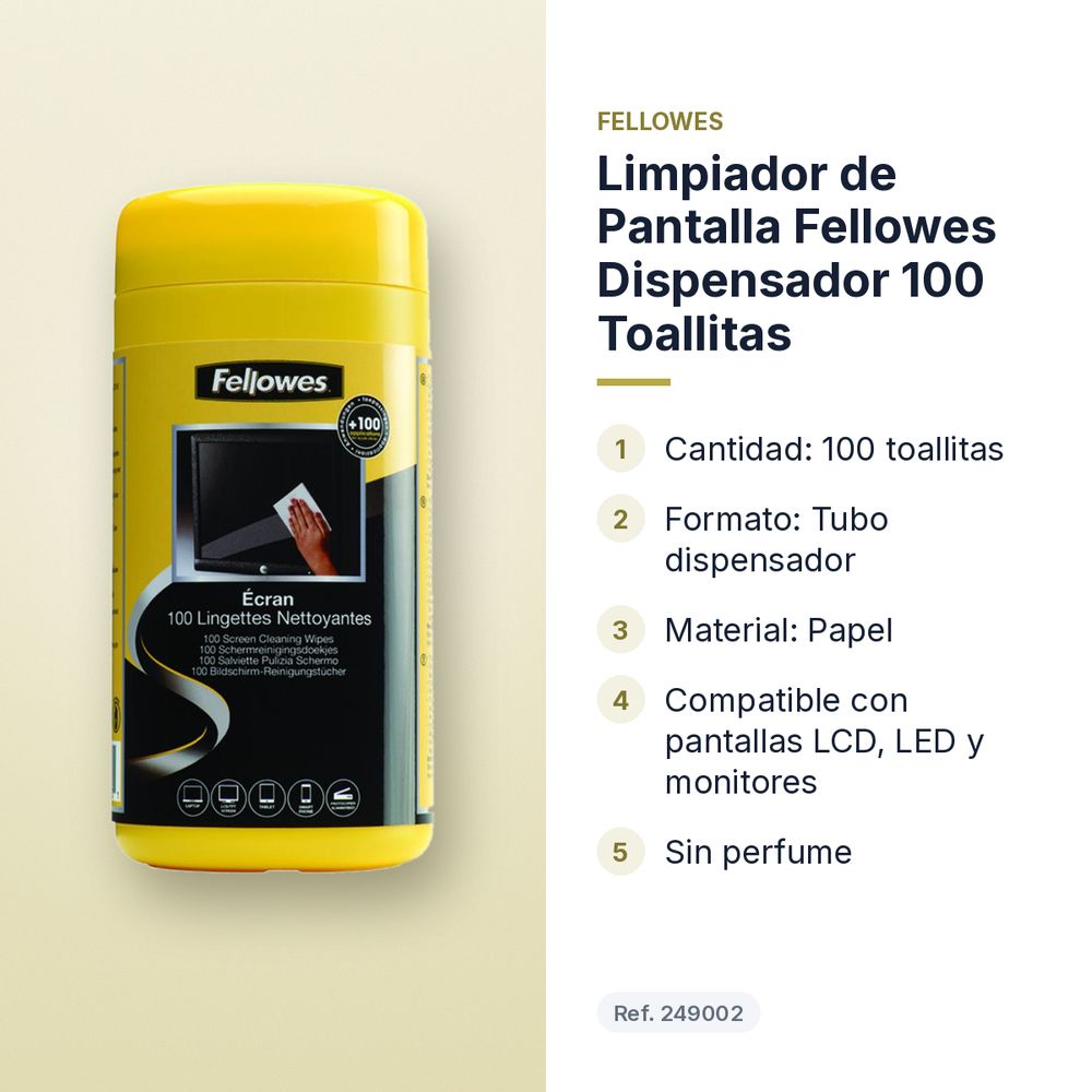 LIMPIADOR DE PANTALLA FELLOWES DISPENSADOR 100 TOALLITAS - características principales
