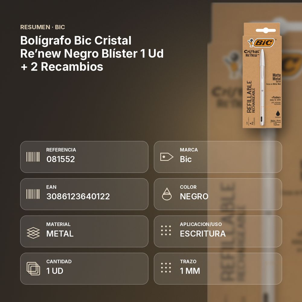 BOLÍGRAFO BIC CRISTAL RE’NEW NEGRO BLÍSTER 1 UD + 2 RECAMBIOS - resumen de atributos