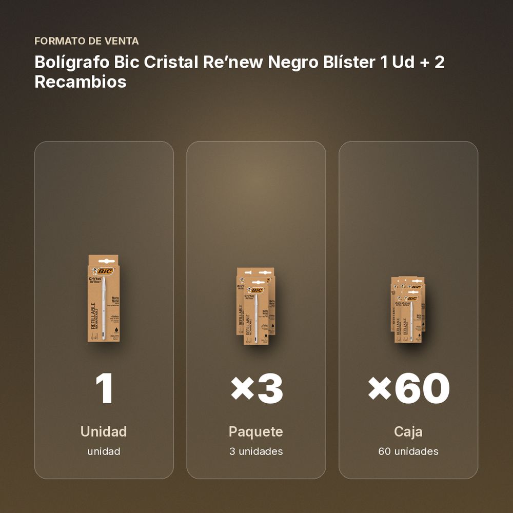 BOLÍGRAFO BIC CRISTAL RE’NEW NEGRO BLÍSTER 1 UD + 2 RECAMBIOS - formato de venta: paquete de 3, caja de 60