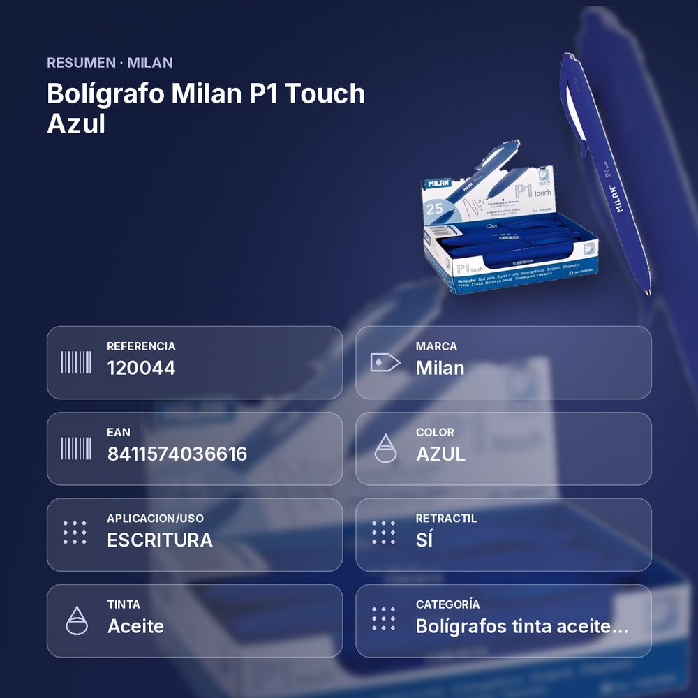 BOLÍGRAFO MILAN P1 TOUCH AZUL - resumen de atributos