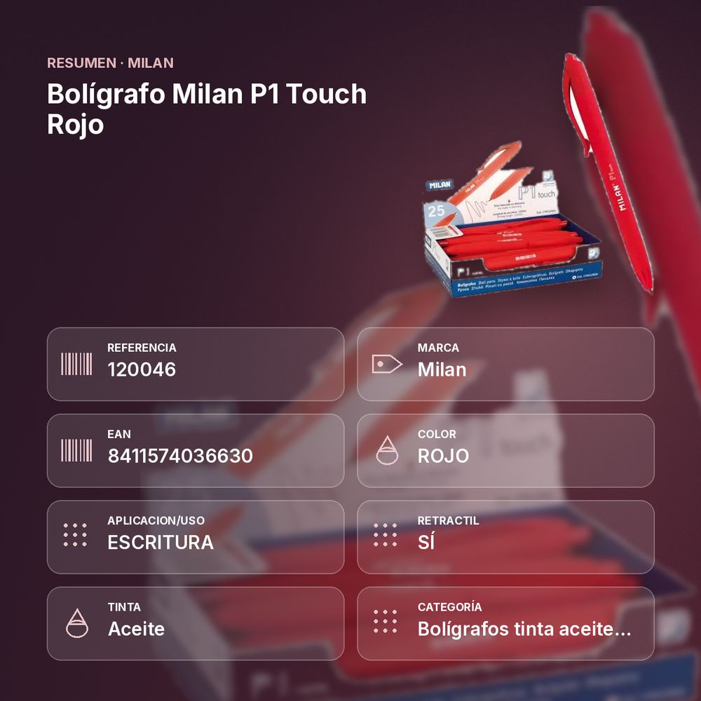 BOLÍGRAFO MILAN P1 TOUCH ROJO - resumen de atributos