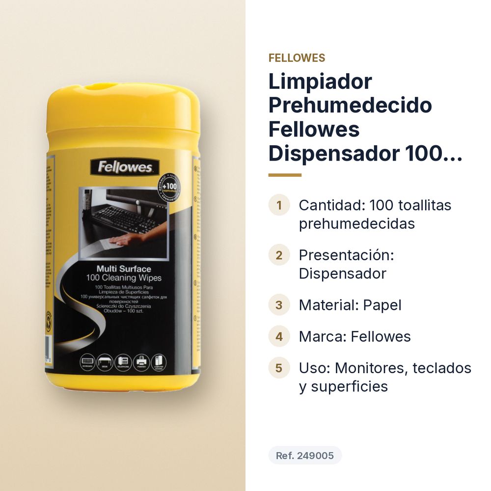 LIMPIADOR PREHUMEDECIDO FELLOWES DISPENSADOR 100 TOALLITAS - características principales