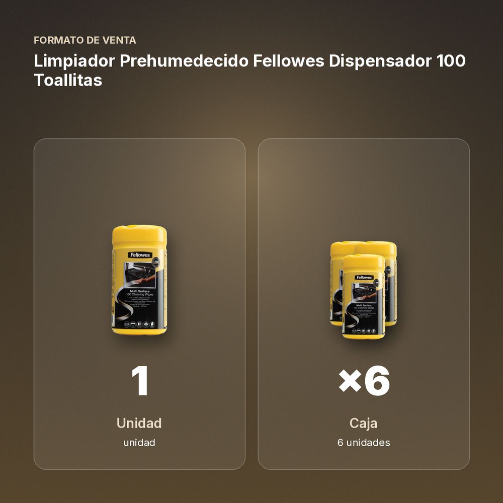 LIMPIADOR PREHUMEDECIDO FELLOWES DISPENSADOR 100 TOALLITAS - formato de venta: caja de 6