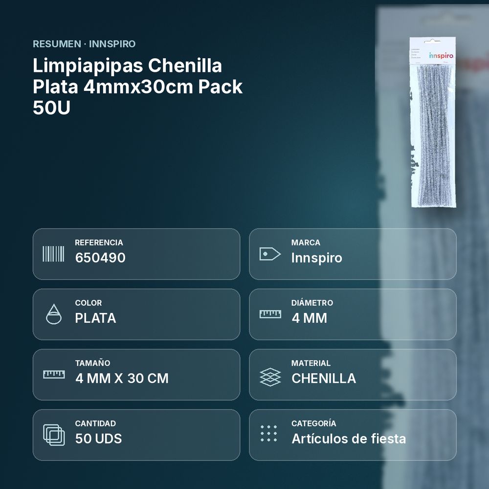 LIMPIAPIPAS CHENILLA PLATA 4MMX30CM PACK 50U - resumen de atributos