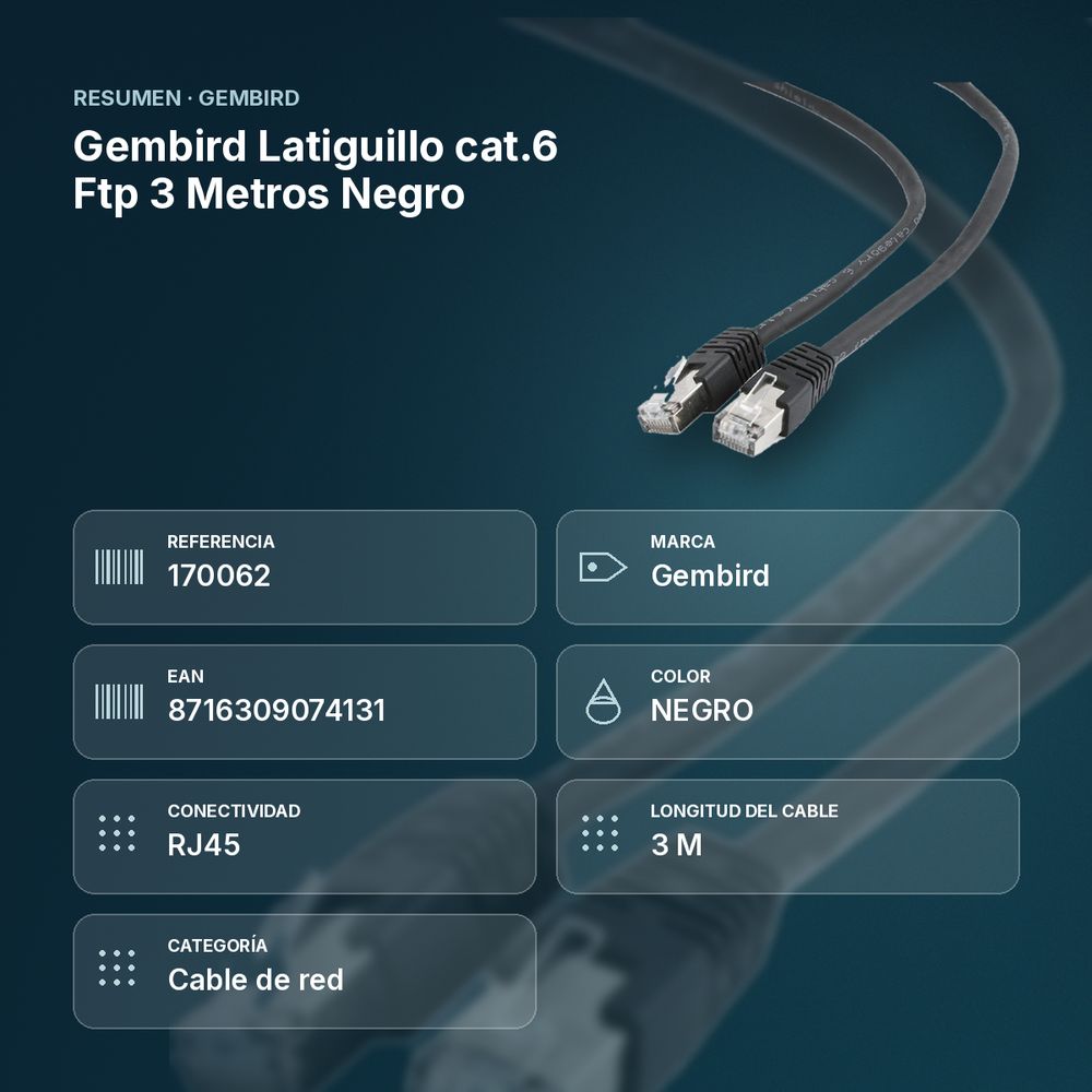GEMBIRD LATIGUILLO CAT.6 FTP 3 METROS  NEGRO - resumen de atributos