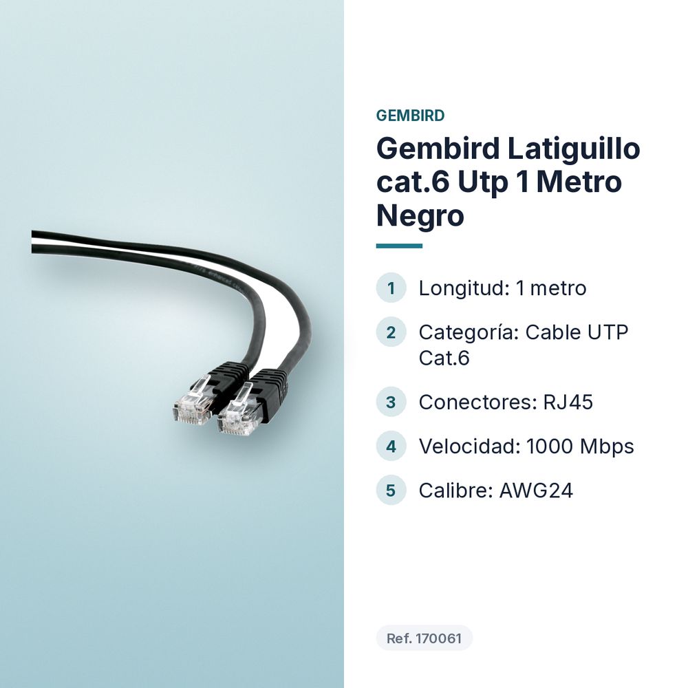GEMBIRD LATIGUILLO CAT.6 UTP 1 METRO NEGRO - características principales