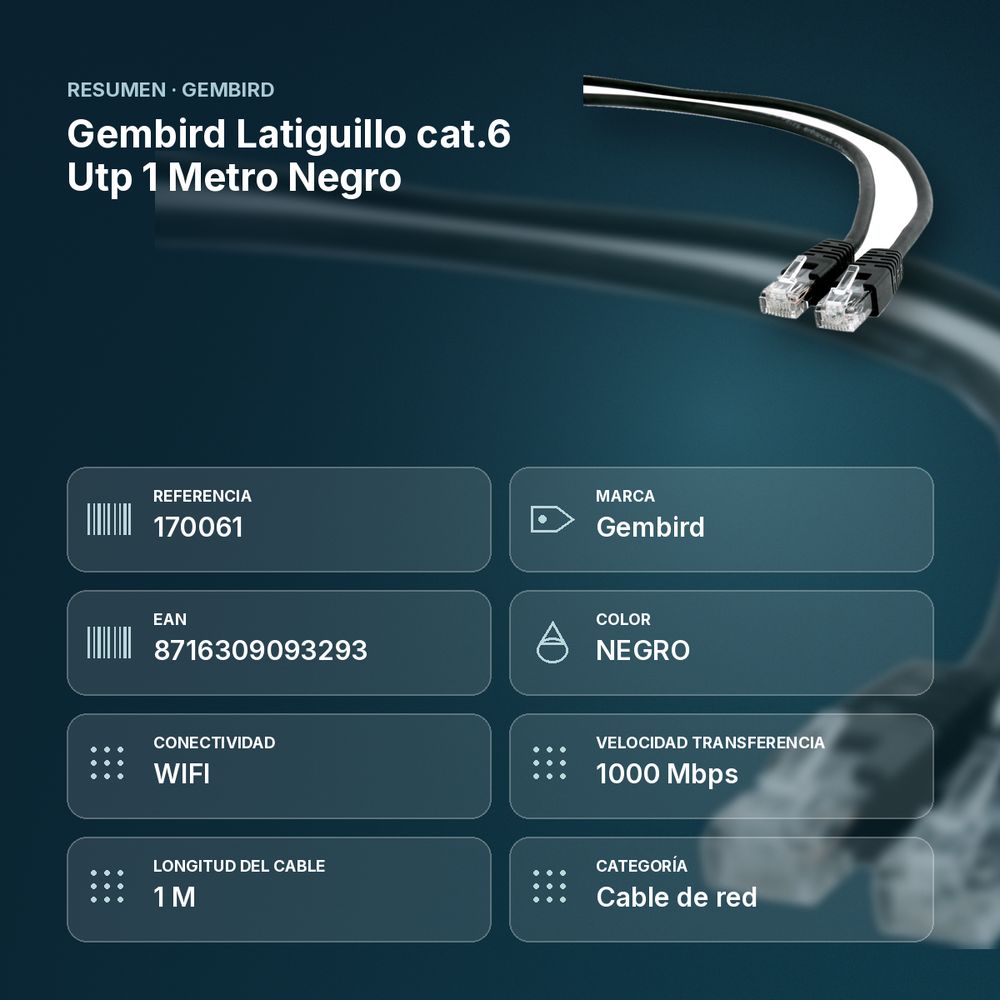 GEMBIRD LATIGUILLO CAT.6 UTP 1 METRO NEGRO - resumen de atributos