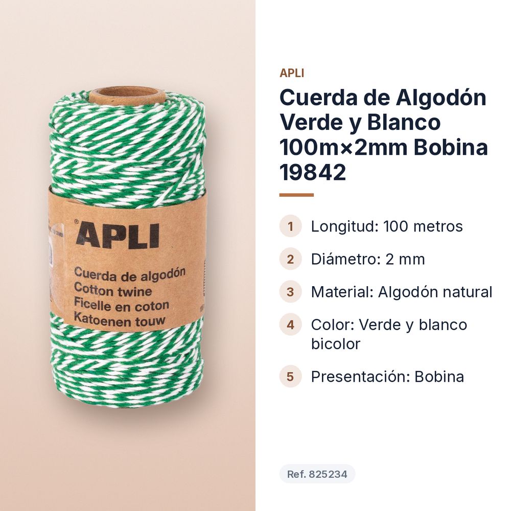 CUERDA DE ALGODÓN VERDE Y BLANCO 100M×2MM BOBINA 19842 - características principales