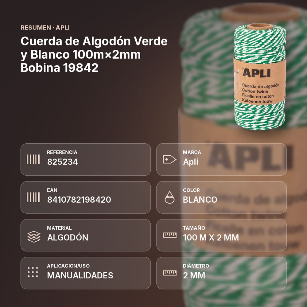 CUERDA DE ALGODÓN VERDE Y BLANCO 100M×2MM BOBINA 19842 - resumen de atributos