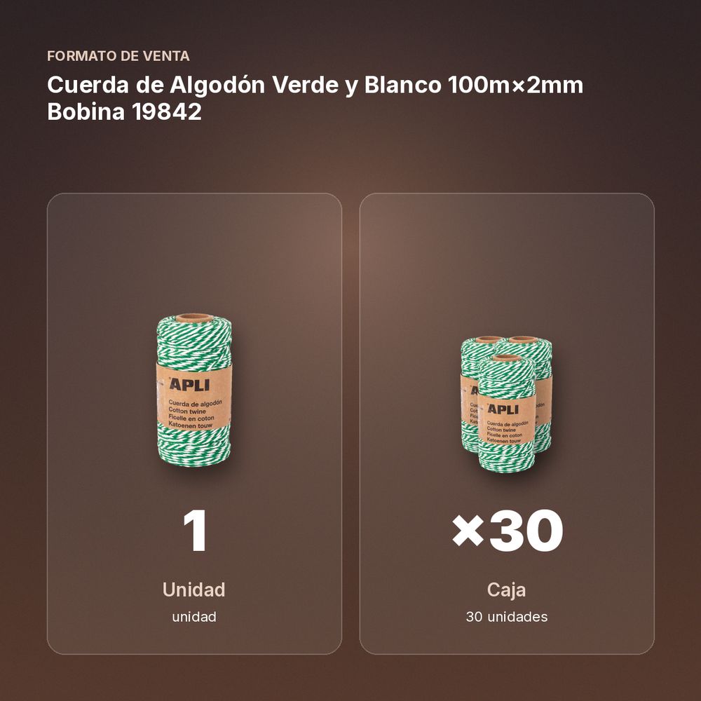 CUERDA DE ALGODÓN VERDE Y BLANCO 100M×2MM BOBINA 19842 - formato de venta: caja de 30
