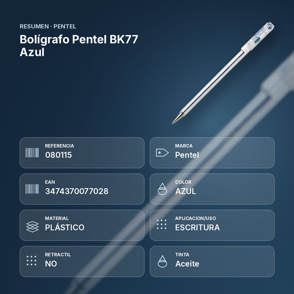 BOLÍGRAFO PENTEL BK77 AZUL - resumen de atributos