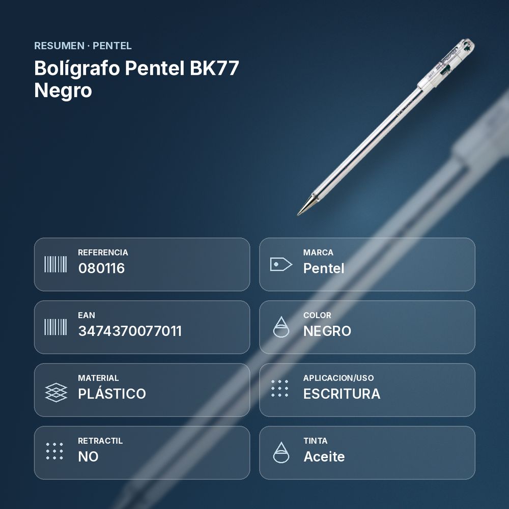 BOLÍGRAFO PENTEL BK77 NEGRO - resumen de atributos
