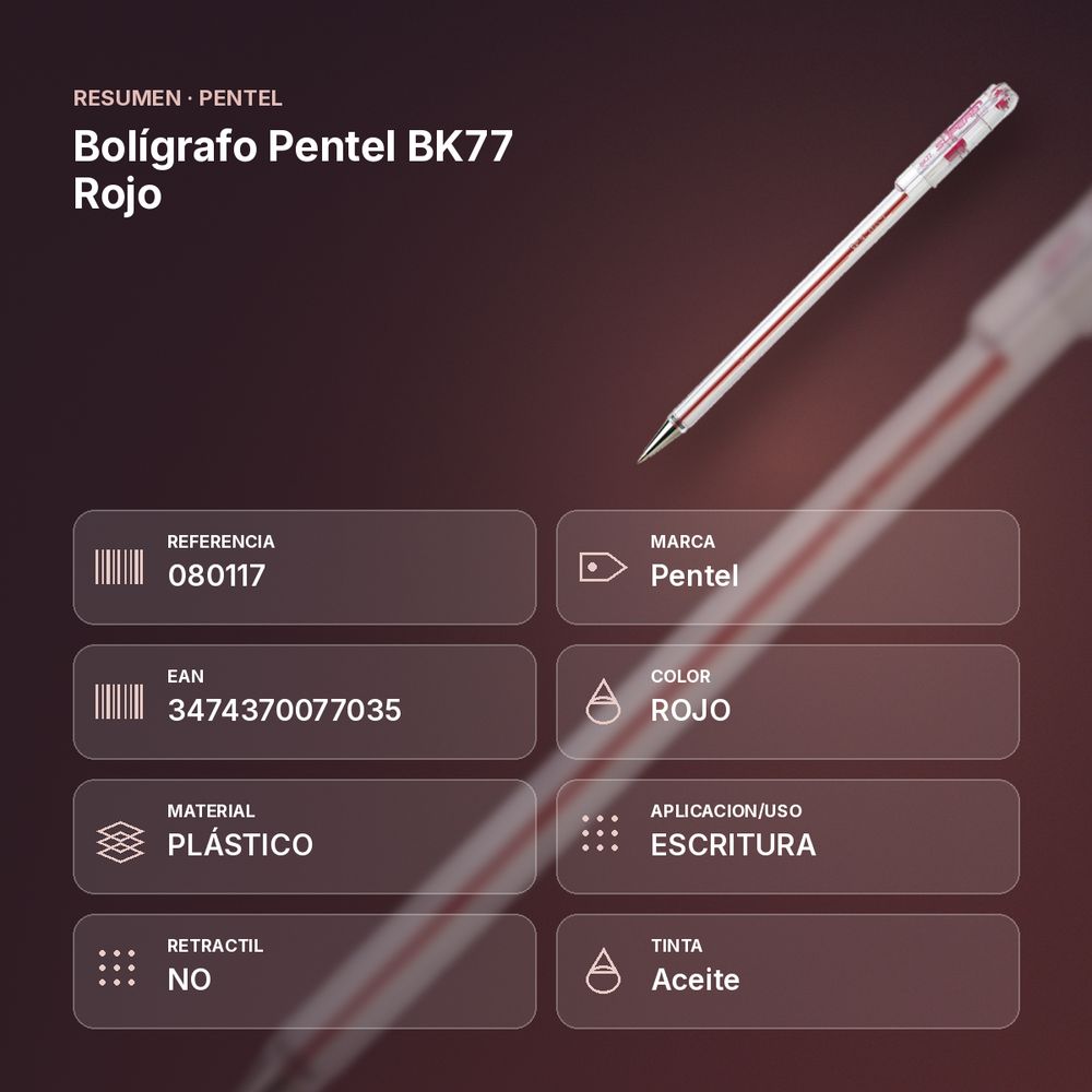 BOLÍGRAFO PENTEL BK77 ROJO - resumen de atributos