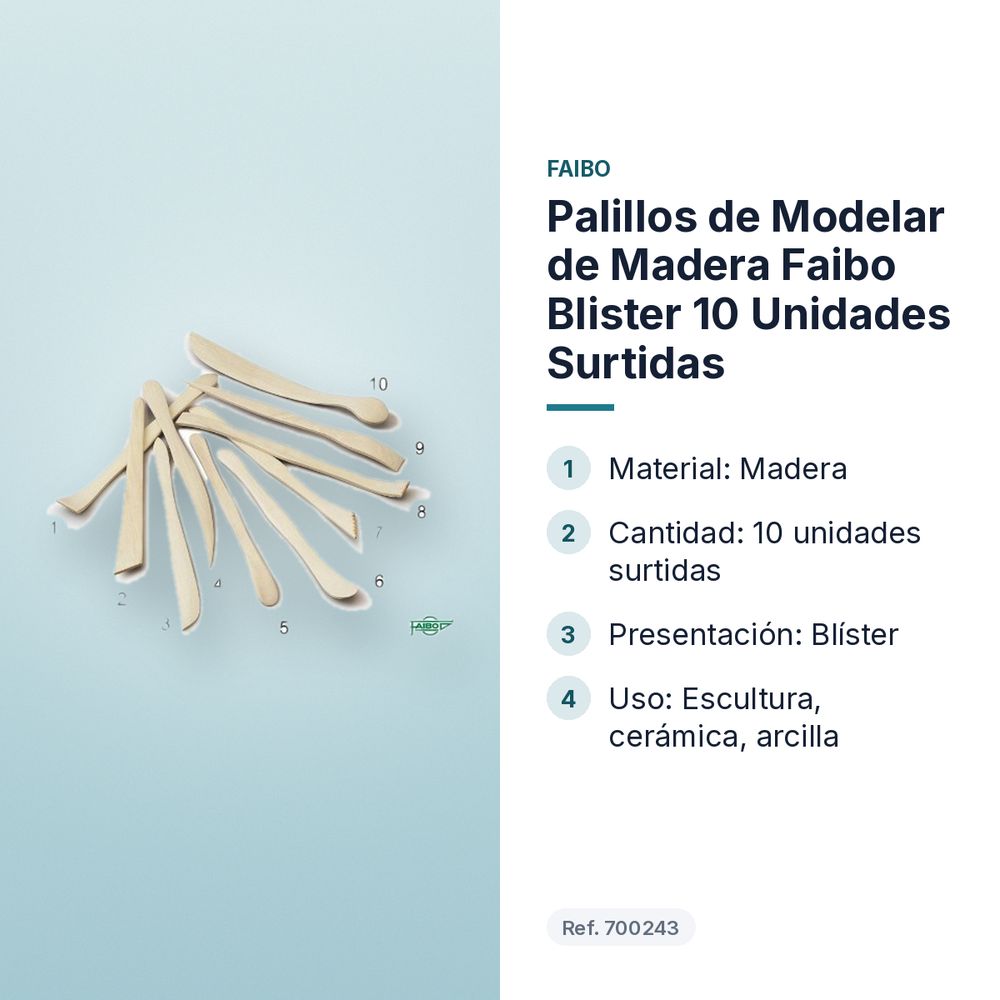 PALILLOS DE MODELAR DE MADERA FAIBO BLISTER 10 UNIDADES SURTIDAS - características principales