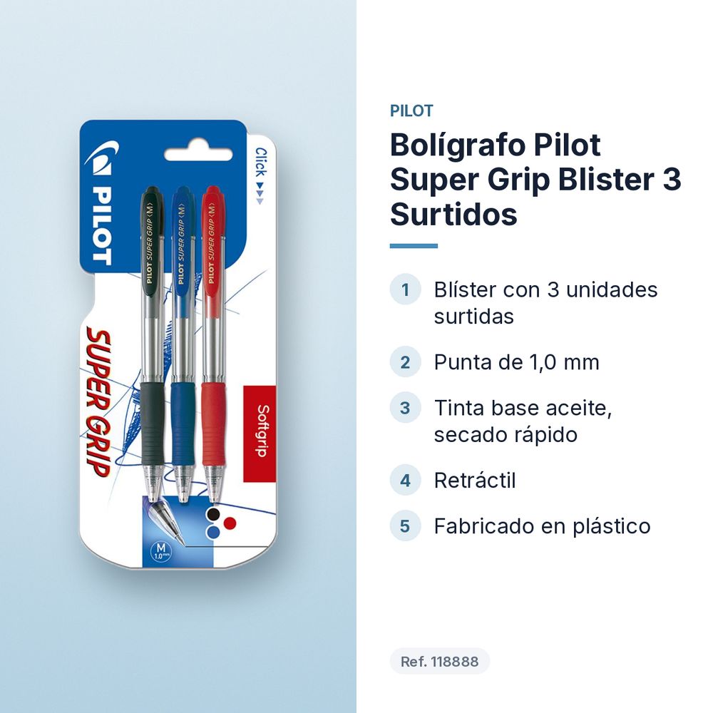 BOLÍGRAFO PILOT SUPER GRIP BLISTER 3 SURTIDOS - características principales