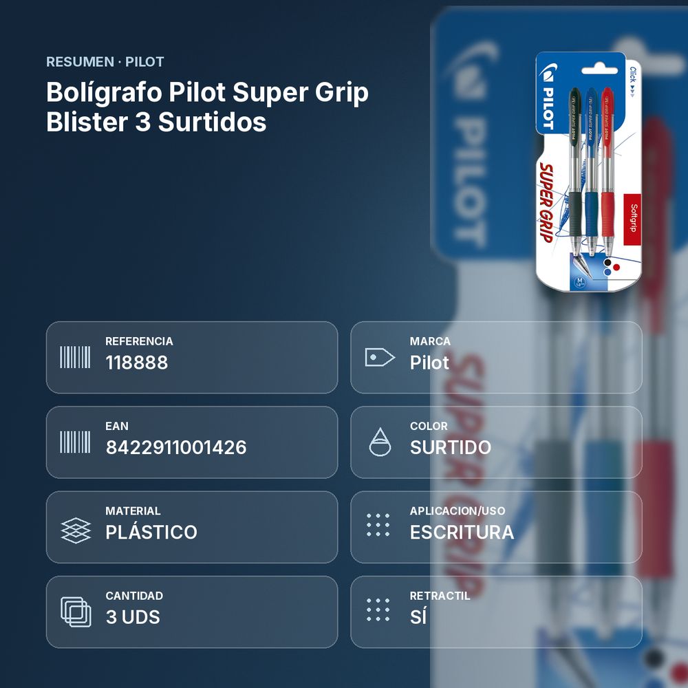 BOLÍGRAFO PILOT SUPER GRIP BLISTER 3 SURTIDOS - resumen de atributos