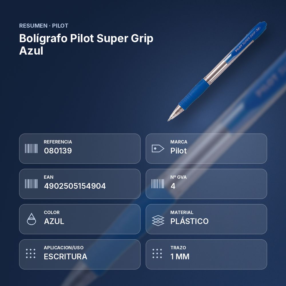 BOLÍGRAFO PILOT SUPER GRIP AZUL - resumen de atributos