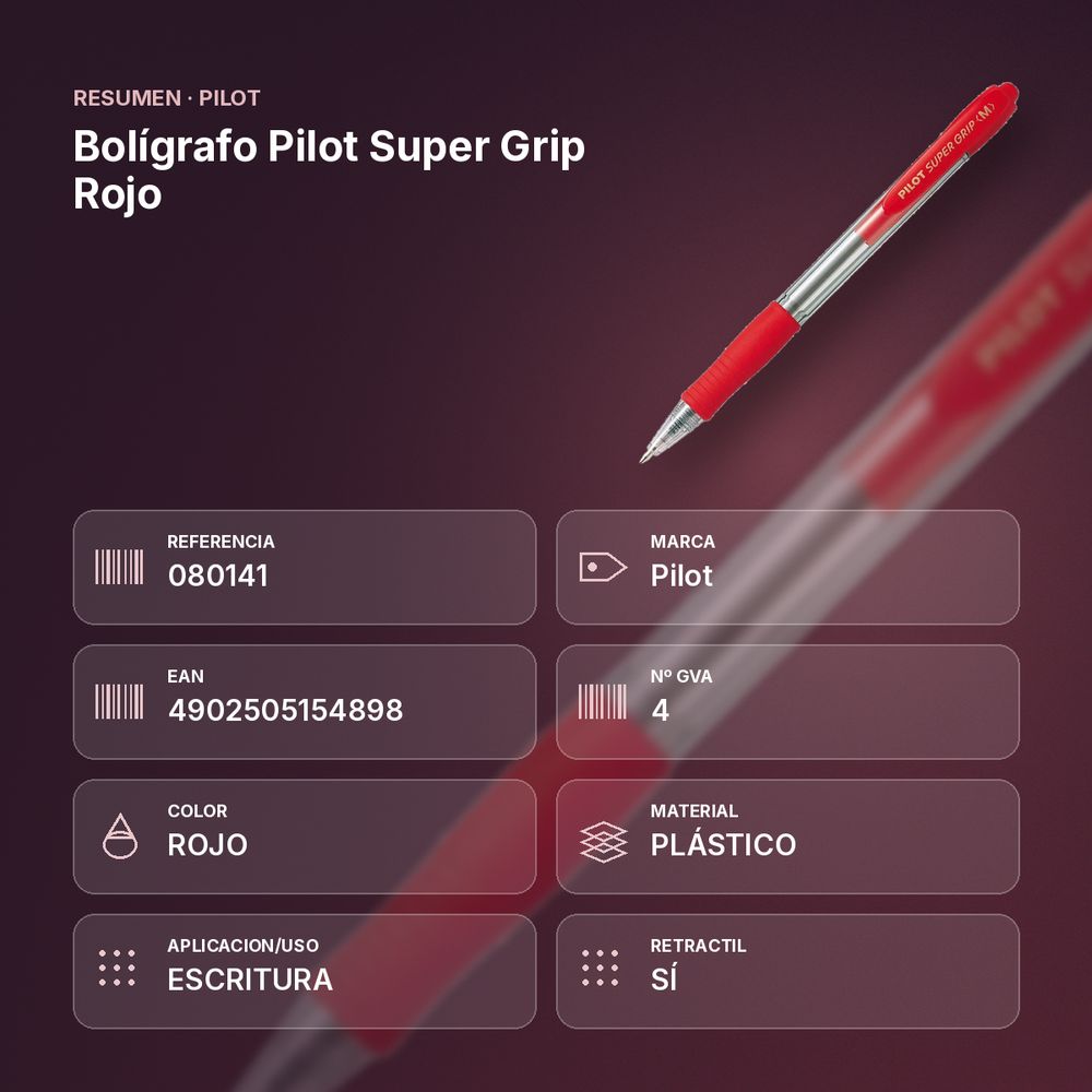 BOLÍGRAFO PILOT SUPER GRIP ROJO - resumen de atributos