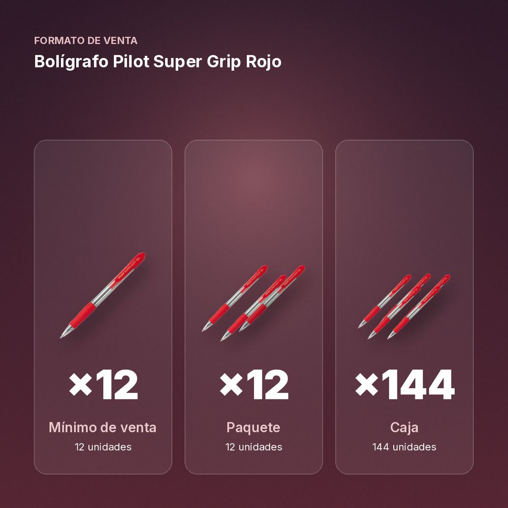 BOLÍGRAFO PILOT SUPER GRIP ROJO - formato de venta: paquete de 12, caja de 144, palé de 864