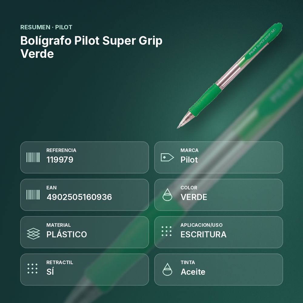BOLÍGRAFO PILOT SUPER GRIP VERDE - resumen de atributos