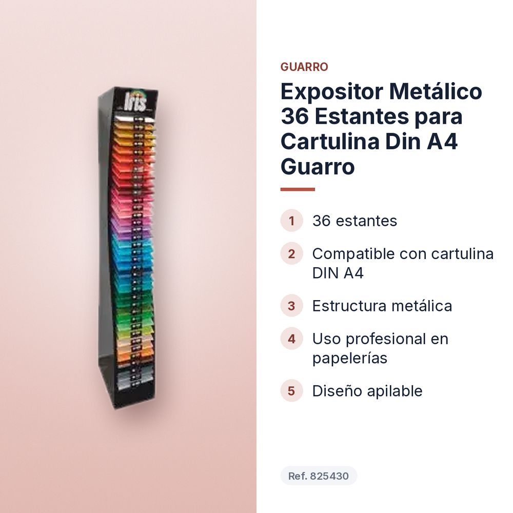 EXPOSITOR METÁLICO 36 ESTANTES PARA CARTULINA DIN A4 GUARRO - características principales