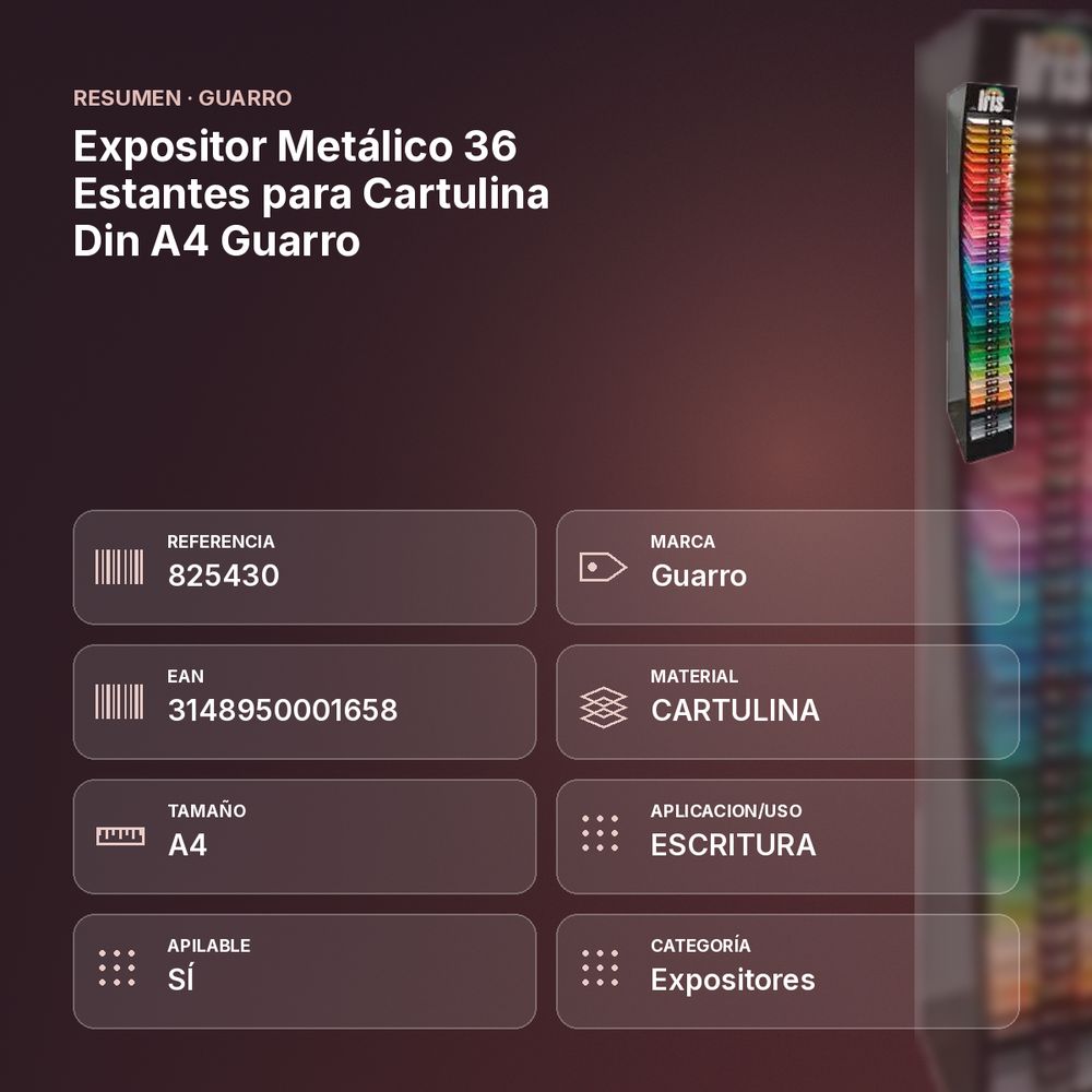 EXPOSITOR METÁLICO 36 ESTANTES PARA CARTULINA DIN A4 GUARRO - resumen de atributos