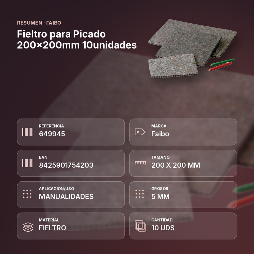FIELTRO PARA PICADO 200X200MM 10UNIDADES - resumen de atributos